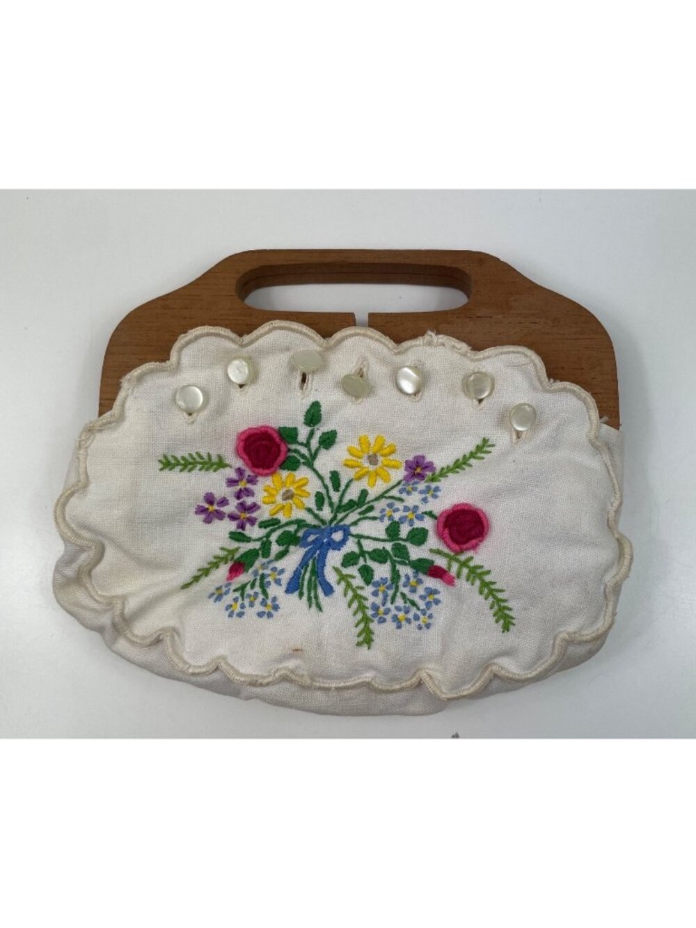 Vintage Embroidered Clutch CHILD Purse Hand Embroidered Floral Wooden Handle - Picture 2 of 10